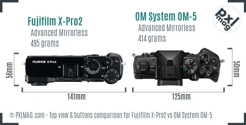 Fujifilm X-Pro2 vs OM System OM-5 top view buttons comparison