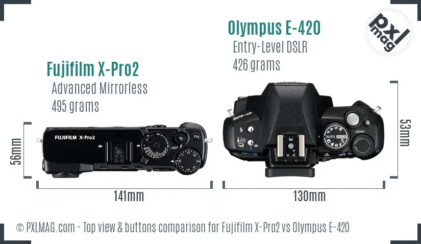 Fujifilm X-Pro2 vs Olympus E-420 top view buttons comparison Fujifilm X-Pro2 vs Olympus E-420 top view buttons comparison