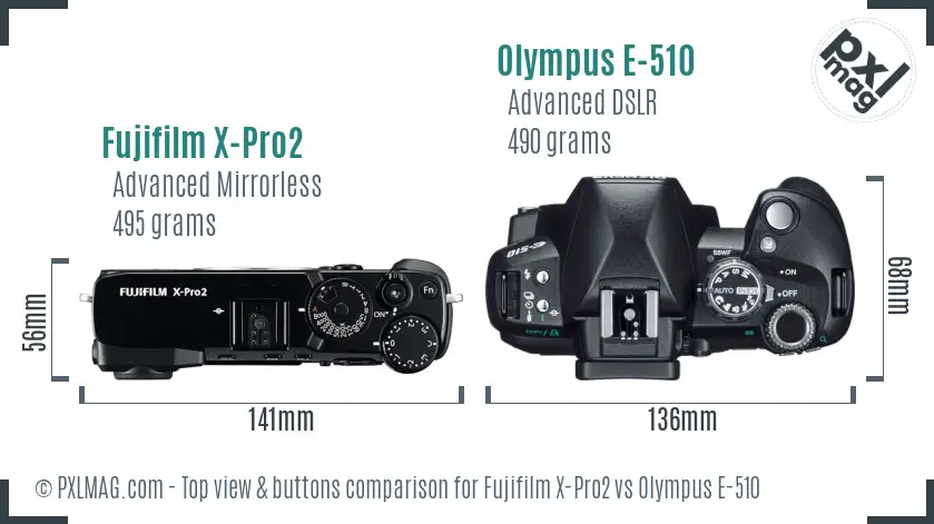 Fujifilm X-Pro2 vs Olympus E-510 top view buttons comparison Fujifilm X-Pro2 vs Olympus E-510 top view buttons comparison