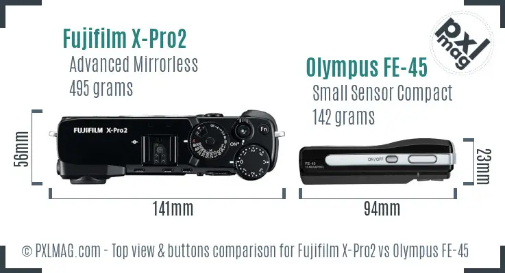 Fujifilm X-Pro2 vs Olympus FE-45 top view buttons comparison