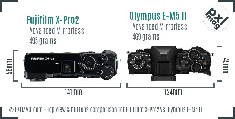 Fujifilm X-Pro2 vs Olympus E-M5 II top view buttons comparison Fujifilm X-Pro2 vs Olympus E-M5 II top view buttons comparison