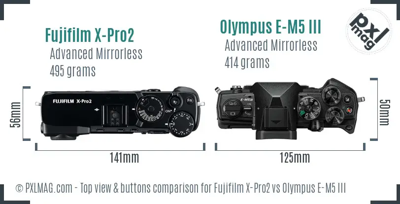 Fujifilm X-Pro2 vs Olympus E-M5 III top view buttons comparison