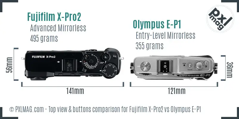 Fujifilm X-Pro2 vs Olympus E-P1 top view buttons comparison