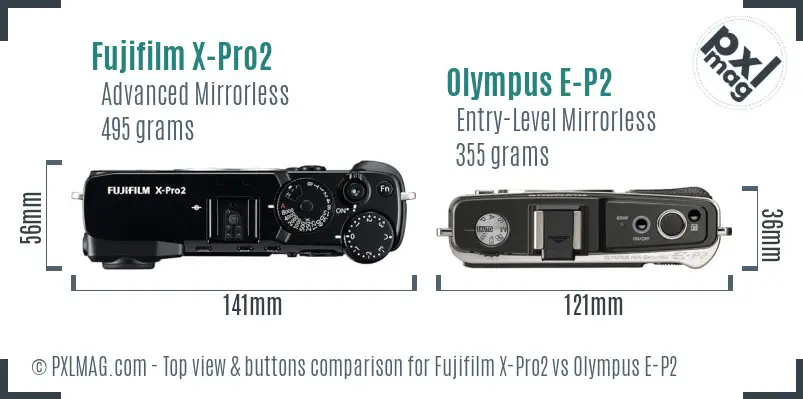 Fujifilm X-Pro2 vs Olympus E-P2 top view buttons comparison