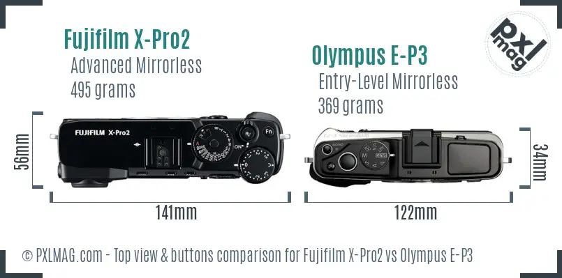 Fujifilm X-Pro2 vs Olympus E-P3 top view buttons comparison