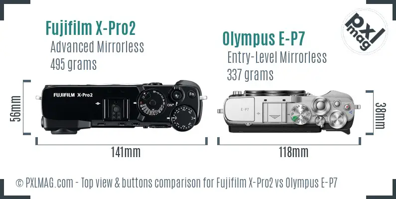 Fujifilm X-Pro2 vs Olympus E-P7 top view buttons comparison