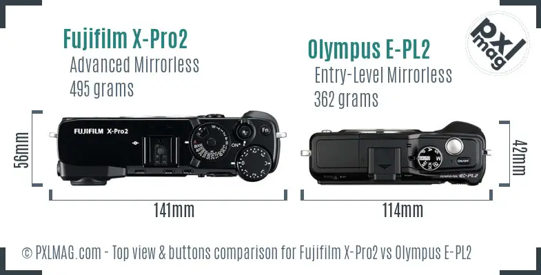 Fujifilm X-Pro2 vs Olympus E-PL2 top view buttons comparison