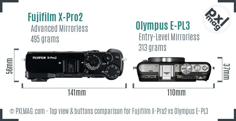 Fujifilm X-Pro2 vs Olympus E-PL3 top view buttons comparison Fujifilm X-Pro2 vs Olympus E-PL3 top view buttons comparison