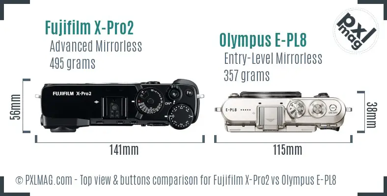 Fujifilm X-Pro2 vs Olympus E-PL8 top view buttons comparison