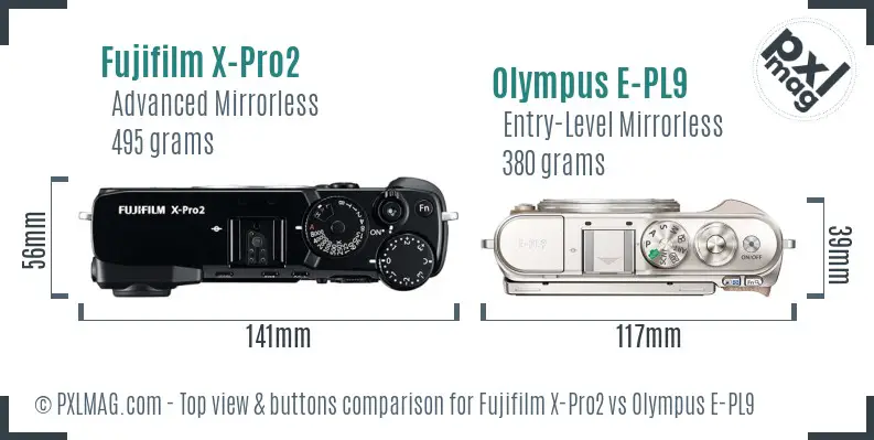 Fujifilm X-Pro2 vs Olympus E-PL9 top view buttons comparison Fujifilm X-Pro2 vs Olympus E-PL9 top view buttons comparison
