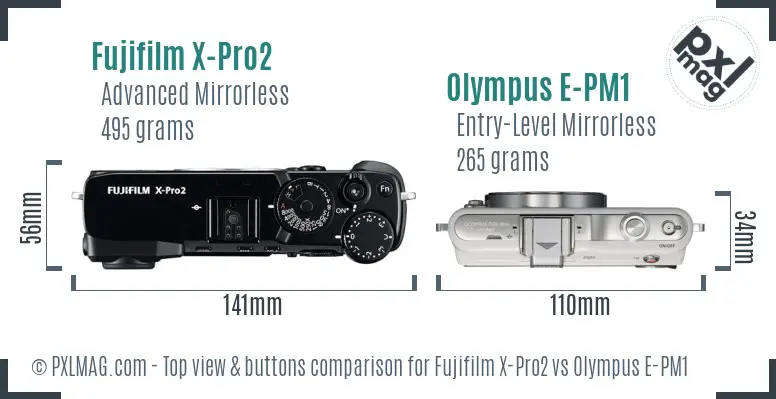 Fujifilm X-Pro2 vs Olympus E-PM1 top view buttons comparison