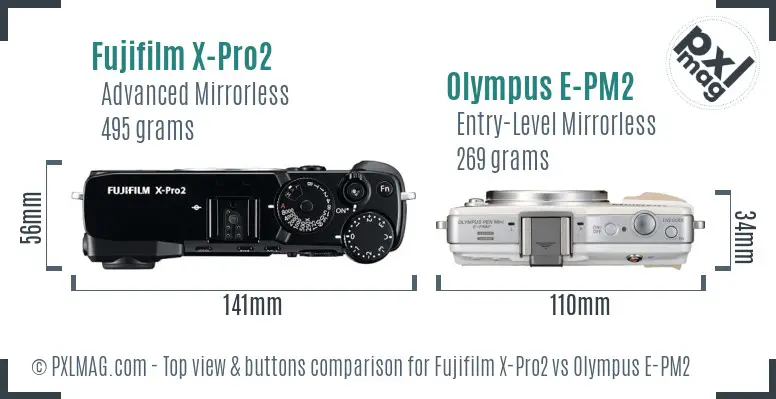 Fujifilm X-Pro2 vs Olympus E-PM2 top view buttons comparison