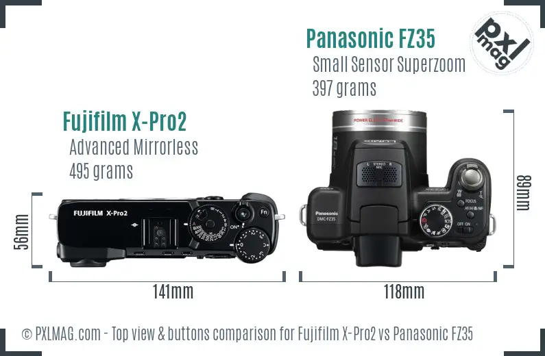 Fujifilm X-Pro2 vs Panasonic FZ35 top view buttons comparison Fujifilm X-Pro2 vs Panasonic FZ35 top view buttons comparison