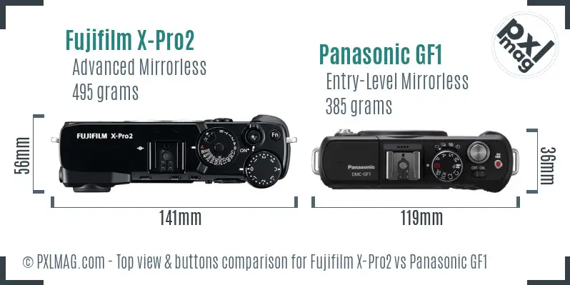 Fujifilm X-Pro2 vs Panasonic GF1 top view buttons comparison