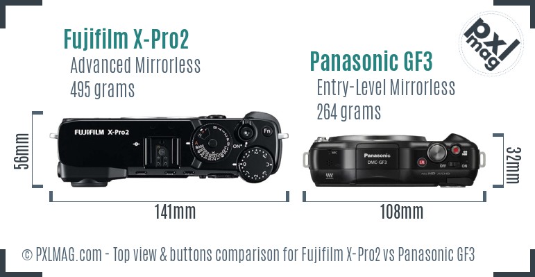 Fujifilm X-Pro2 vs Panasonic GF3 top view buttons comparison