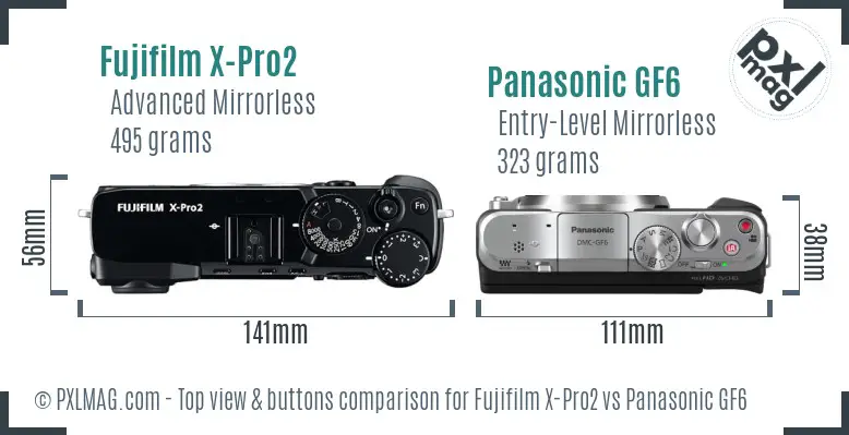Fujifilm X-Pro2 vs Panasonic GF6 top view buttons comparison Fujifilm X-Pro2 vs Panasonic GF6 top view buttons comparison