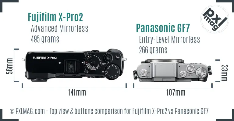 Fujifilm X-Pro2 vs Panasonic GF7 top view buttons comparison