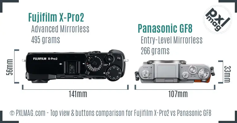 Fujifilm X-Pro2 vs Panasonic GF8 top view buttons comparison