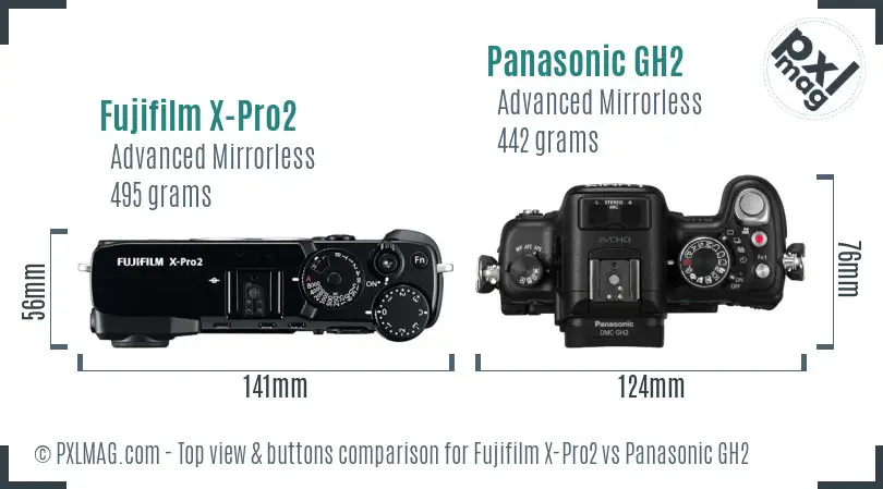 Fujifilm X-Pro2 vs Panasonic GH2 top view buttons comparison