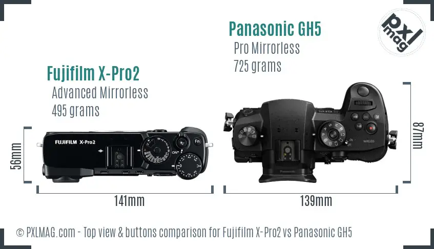 Fujifilm X-Pro2 vs Panasonic GH5 top view buttons comparison Fujifilm X-Pro2 vs Panasonic GH5 top view buttons comparison