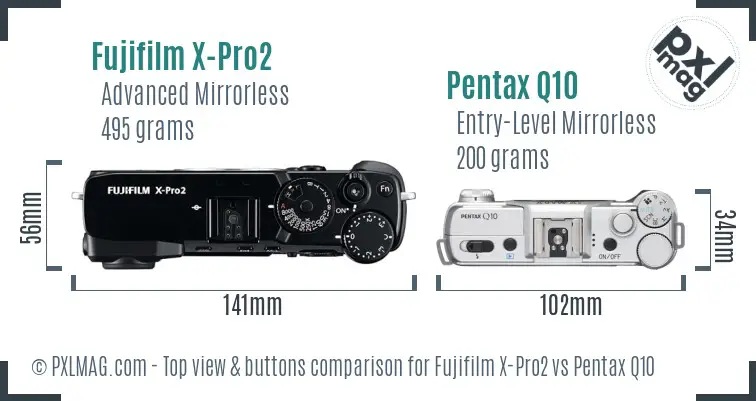 Fujifilm X-Pro2 vs Pentax Q10 top view buttons comparison