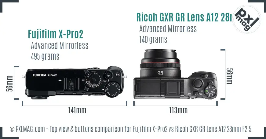 Fujifilm X-Pro2 vs Ricoh GXR GR Lens A12 28mm F2.5 top view buttons comparison