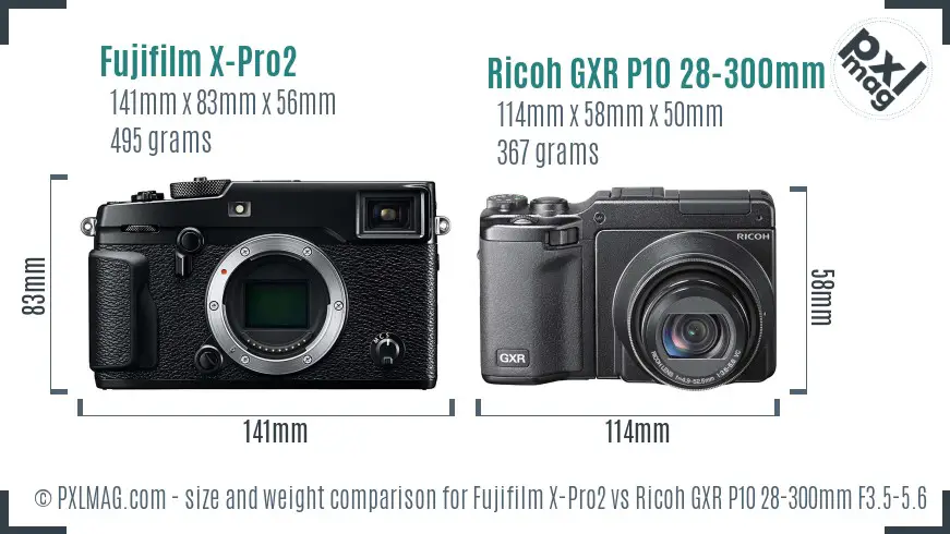 Fujifilm X-Pro2 vs Ricoh GXR P10 28-300mm F3.5-5.6 VC size comparison