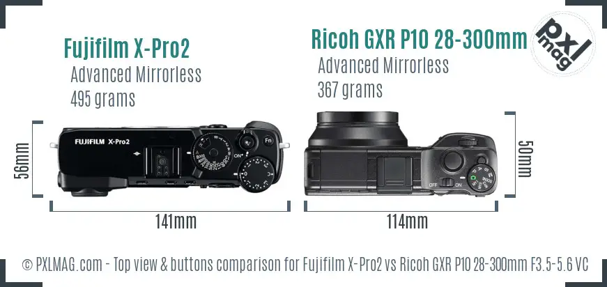 Fujifilm X-Pro2 vs Ricoh GXR P10 28-300mm F3.5-5.6 VC top view buttons comparison
