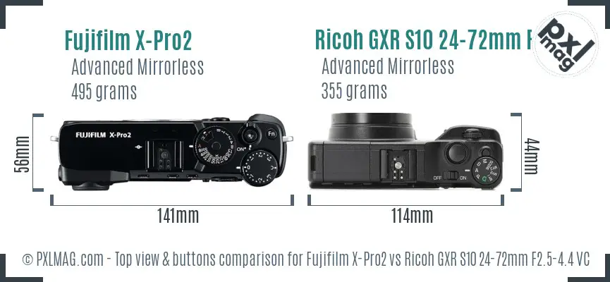 Fujifilm X-Pro2 vs Ricoh GXR S10 24-72mm F2.5-4.4 VC top view buttons comparison