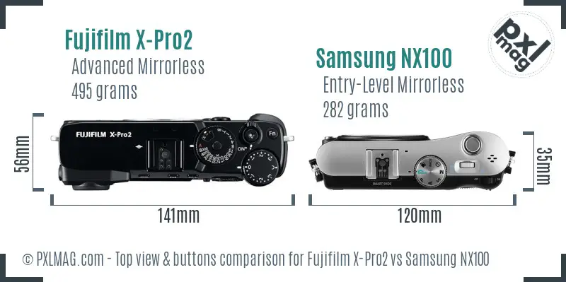 Fujifilm X-Pro2 vs Samsung NX100 top view buttons comparison