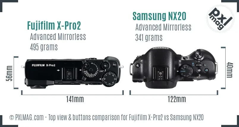 Fujifilm X-Pro2 vs Samsung NX20 top view buttons comparison