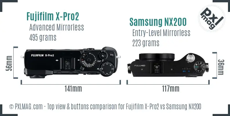 Fujifilm X-Pro2 vs Samsung NX200 top view buttons comparison
