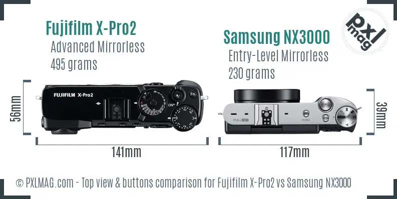 Fujifilm X-Pro2 vs Samsung NX3000 top view buttons comparison
