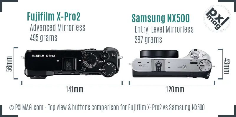 Fujifilm X-Pro2 vs Samsung NX500 top view buttons comparison Fujifilm X-Pro2 vs Samsung NX500 top view buttons comparison