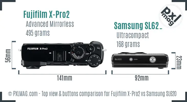 Fujifilm X-Pro2 vs Samsung SL620 top view buttons comparison