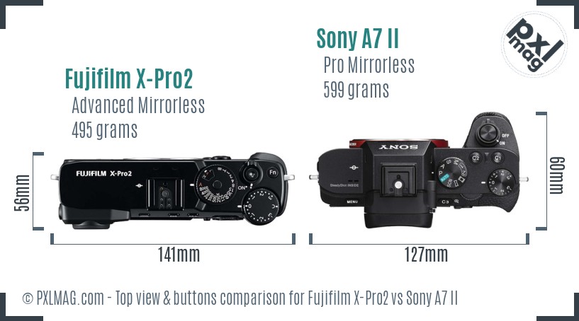 Fujifilm X-Pro2 vs Sony A7 II top view buttons comparison