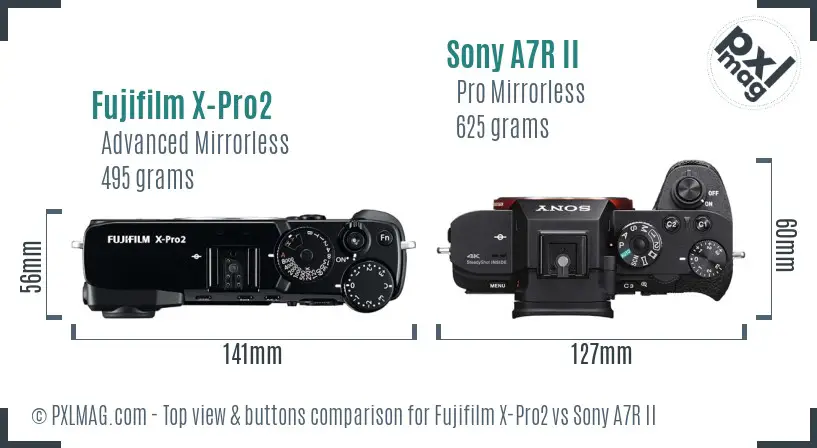 Fujifilm X-Pro2 vs Sony A7R II top view buttons comparison