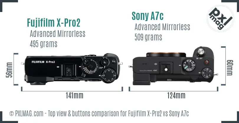 Fujifilm X-Pro2 vs Sony A7c top view buttons comparison