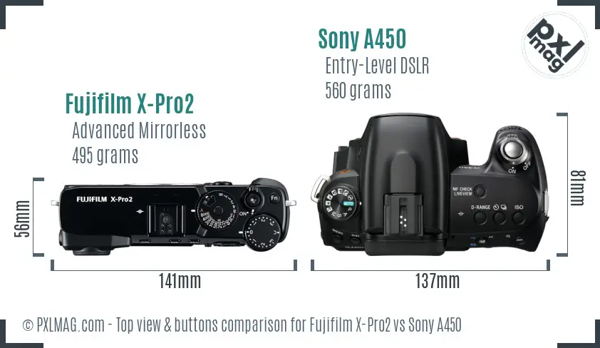 Fujifilm X-Pro2 vs Sony A450 top view buttons comparison