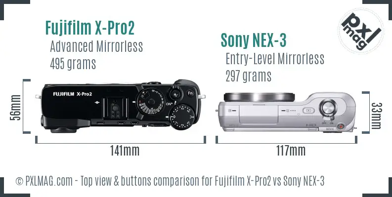 Fujifilm X-Pro2 vs Sony NEX-3 top view buttons comparison