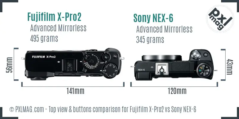 Fujifilm X-Pro2 vs Sony NEX-6 top view buttons comparison