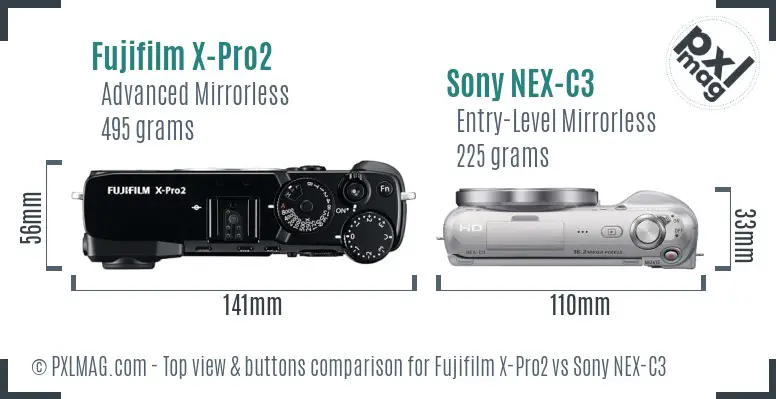 Fujifilm X-Pro2 vs Sony NEX-C3 top view buttons comparison