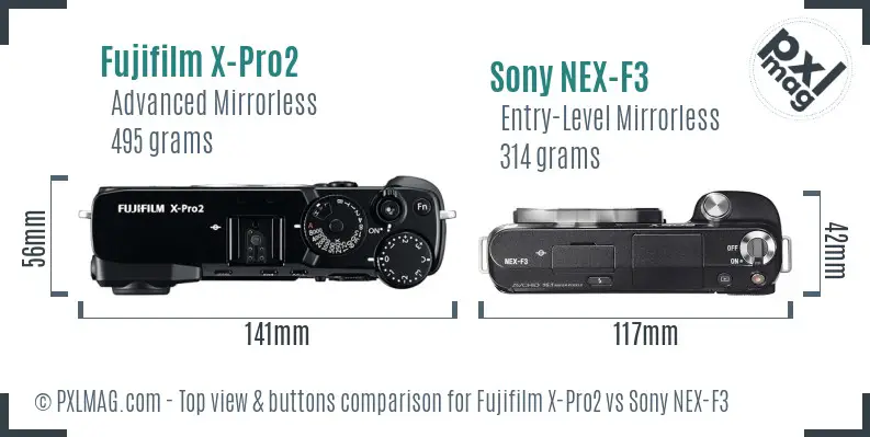 Fujifilm X-Pro2 vs Sony NEX-F3 top view buttons comparison Fujifilm X-Pro2 vs Sony NEX-F3 top view buttons comparison