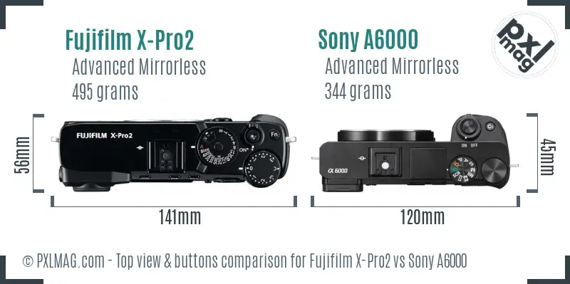 Fujifilm X-Pro2 vs Sony A6000 top view buttons comparison