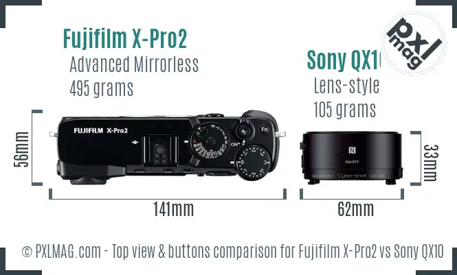 Fujifilm X-Pro2 vs Sony QX10 top view buttons comparison Fujifilm X-Pro2 vs Sony QX10 top view buttons comparison