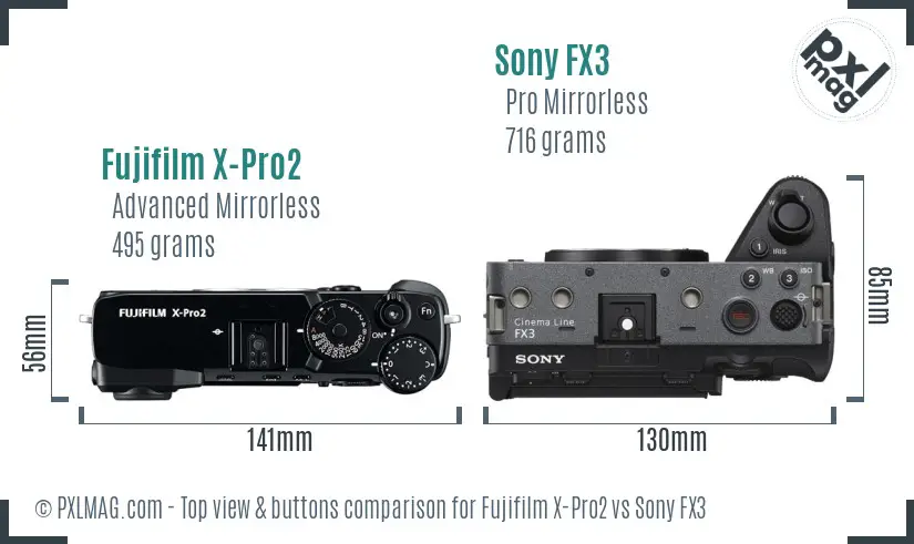 Fujifilm X-Pro2 vs Sony FX3 top view buttons comparison Fujifilm X-Pro2 vs Sony FX3 top view buttons comparison