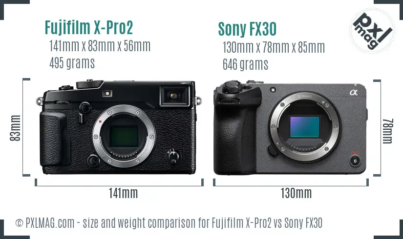 Fujifilm X-Pro2 vs Sony FX30 size comparison