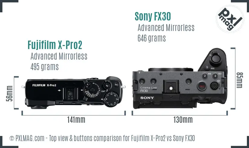 Fujifilm X-Pro2 vs Sony FX30 top view buttons comparison