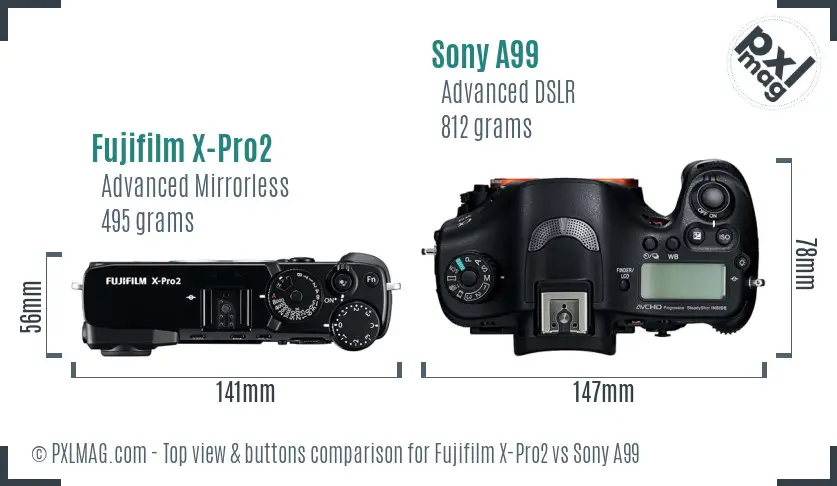 Fujifilm X-Pro2 vs Sony A99 top view buttons comparison