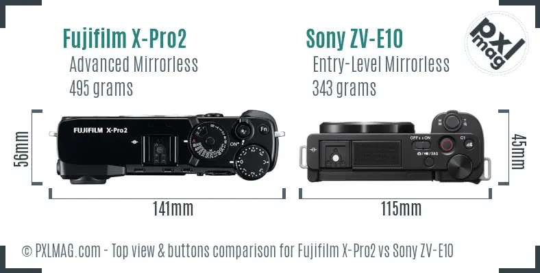 Fujifilm X-Pro2 vs Sony ZV-E10 top view buttons comparison